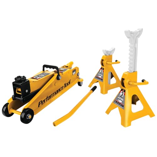 Performance Tool W1619 3 Ton Trolley Jack and Jack Stands: 6000 lb Capacity, 5.75-17.125-in Lift, 11.25-16.75-in Height Ratchet-Style Jack Stands, Swivel Casters and Steel Wheels, High-Viz Yellow