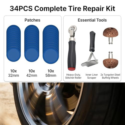 34PCS Tire Patch Kit,Heavy Duty Tire Repair Tools Patch with 32/42/58mm Wheel Patches,Tires Patches Roller,Scraper & Buffing Wheel,Full Tires Repair Kit for Car Truck Motorcycle
