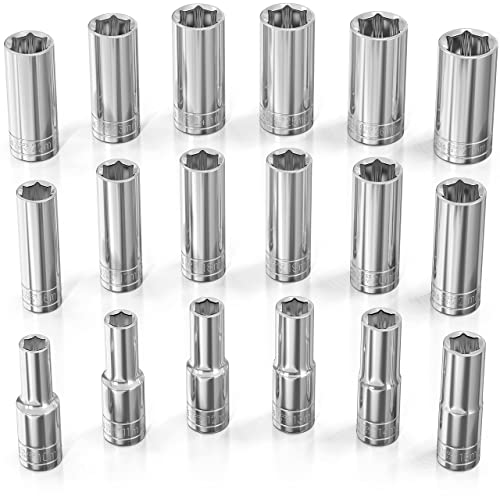 Olsa Tools Metric Deep Socket Set - 1/2-Inch Drive, 18pc - 6-Point Chrome Sockets from 10mm–27mm and No Skipped Sizes - Mechanic Deep Metric Socket Set - Professional Grade Long Sockets - Part: 1325 - color: Metric Deep, size: 18pc, 1/2-Inch Drive