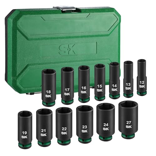 SK 1/2" Drive Impact Socket Set, Deep Metric Sockets, 13-Piece 12-27mm, Premium CR-MO Steel, SureGrip 6 Point Design, With Storage Case - size: Metric