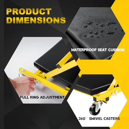 Low Profile Creeper with 6 Swivel Casters and Waterproof Seat Cushion, 36" Foldable Creeper for Garage Shop Warehouse, 2 in 1 Under Car Creeper Seat 330lbs Max Weight Capacity, Yellow