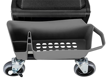Powerbuilt Rolling Work Seat Brake Stool with 4-inch Rubber Lockable Wheels, Big Seating Platform, Tool Trays and Drawer 330 lb. Capacity, Mechanics, Gardening, Garage - 941881ECE, Grey - style: Grey with Foam Seat Cushion