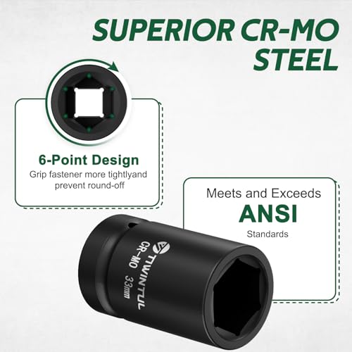 33mm Impact Socket 1" Drive, Deep 6 Point Design, CR-MO for Truck, | ANSI Certified, Heavy Duty 33mm Socket 1 Inch Drive for Bus, Trailer & Farm Machinery Maintenance - size: 33mm(1 PCS)