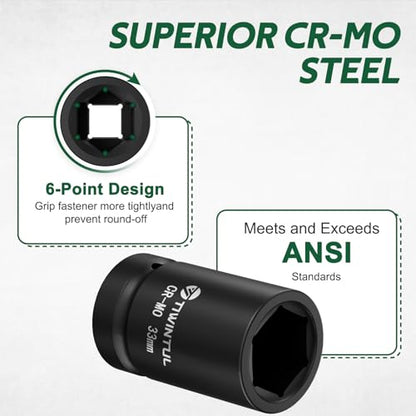 33mm Impact Socket 1" Drive, Deep 6 Point Design, CR-MO for Truck, | ANSI Certified, Heavy Duty 33mm Socket 1 Inch Drive for Bus, Trailer & Farm Machinery Maintenance - size: 33mm(1 PCS)