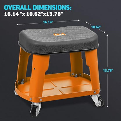 PM PERFORMOTOR Adjustable Height Pneumatic Garage Seat Rolling Mechanic Stool with Tool Tray Storage,300lbs Max Weight Capacity, Orange,PM-TOL-RTS-OG