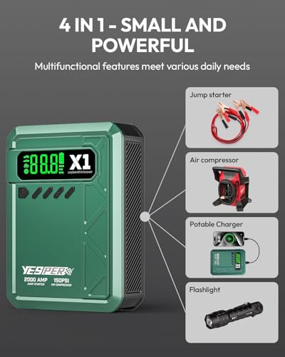 YESPER Jump Starter with Air Compressor 2000A 150PSI Battery Jumper Starter Portable(8L Gas/6L Diesel), 12V Car Jump Pack Battery Charger Jump Box with Jumper Cables, LCD Display, Lights - color: Green