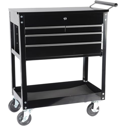 JEGS Rolling Tool Box Cart with Drawers - 4 Ball-Bearing Glided Drawers - 16-Gauge Steel - 580 LBS Total Capacity - Black Powder Coat Finish Toolbox on Wheels