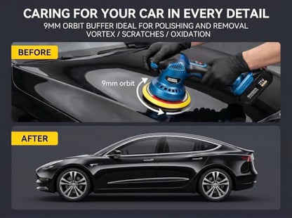 21V Cordless Car Buffer Polisher, 5500RPM 8-Speed Variable Dual Action Polisher, Complete Car Buffers and Polishers Kit with 2x 2.0Ah Battery, Car Polishing Kit for Auto Detailing, Waxing