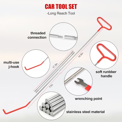 26PCS Car Tool Kit with Long Reach J-Hook, Telescoping Magnetic Pickup Tool with Light, Trim Removal, Air Wedge Bag for Minor Repairs of Car, Home etc.