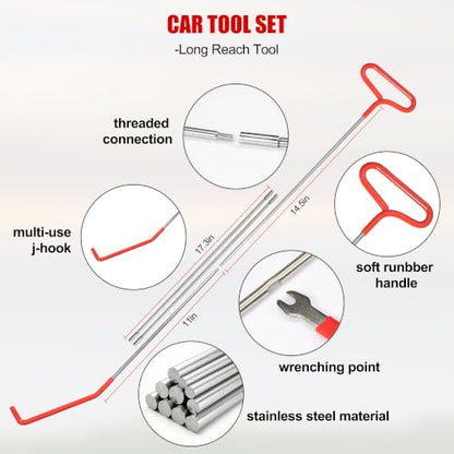 26PCS Car Tool Kit with Long Reach J-Hook, Telescoping Magnetic Pickup Tool with Light, Trim Removal, Air Wedge Bag for Minor Repairs of Car, Home etc.