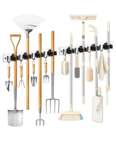 Lorbro 2 Pack Broom Holder Wall Mount, Wooden Broom and Mop Organizer Wall Hanging, Mop Hanger Rack with 4 Slots & 4 Hooks, Tool Organizer for Laundry Room, Closet, Garage, Kitchen - color: White