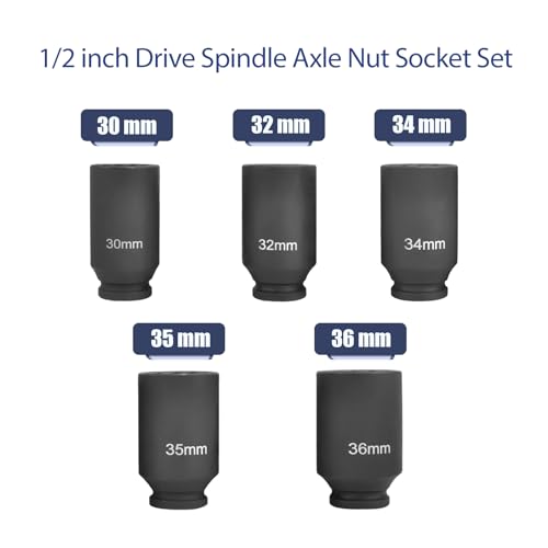 1/2" Drive 12-Point Cr-Mo Deep Axle Nut Impact Socket Set, 5PC | Heavy-Duty Cr-Mo Steel, Fits 30-36mm (5PC), 12-Point Anti-Round-Off Design, Clear Laser Markings, Carrying Case Included - color: 5pcs