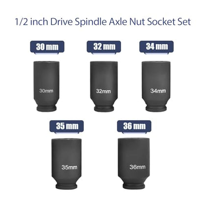 1/2" Drive 12-Point Cr-Mo Deep Axle Nut Impact Socket Set, 5PC | Heavy-Duty Cr-Mo Steel, Fits 30-36mm (5PC), 12-Point Anti-Round-Off Design, Clear Laser Markings, Carrying Case Included - color: 5pcs