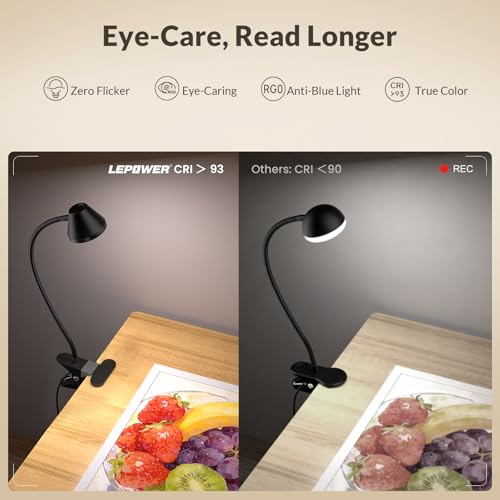 LEPOWER Clip on Light, Reading Lights for Books in Bed, 400LM, RG0 Eye-Care | 5 Colors & Stepless Dimming, Amber Glow Light & Auto Timer, Up to 2.3" Strong Clamp with Adapter for Headboard, Bedside, Desk - color: Black