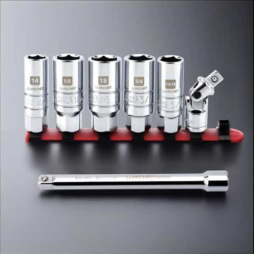 LLNDEI 3/8 Inch Drive Spark Plug Socket Set SAE & Metric, High Visibility 6 Point Sockets CR-V Steel, Mirror Polished Sockets with Rubber Retaining Rings-Spark Plug Removal Tool for Car Repair 7PCS - size: 6 pieces + extension bar
