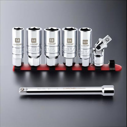 LLNDEI 3/8 Inch Drive Spark Plug Socket Set SAE & Metric, High Visibility 6 Point Sockets CR-V Steel, Mirror Polished Sockets with Rubber Retaining Rings-Spark Plug Removal Tool for Car Repair 7PCS - size: 6 pieces + extension bar