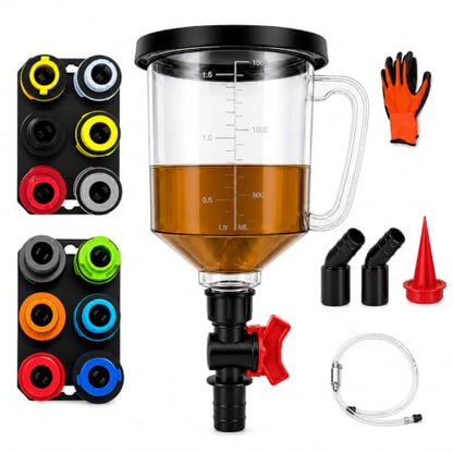 20-Piece No-Spill Engine Oil Funnel Kit with Brake Bleeder Hose and Mechanic Work Glove, 1.59QT/1.5L Set with 12 Adapters for Most Vehicles