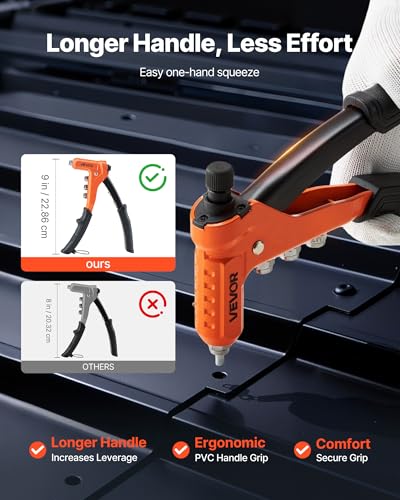VEVOR Rivet Nut Tool Kit, 9-Inch One-Handed Rivnut Tool Kit, with 8 Mandrels, a Step Drill Bit and 80 Nuts, Metric and SAE Size M3, M4, M5, M6, 6-32, 8-32, 10-24, 1/4-20 UNC, with a Carrying Case - size: 9", style: RIVET NUT TOOL