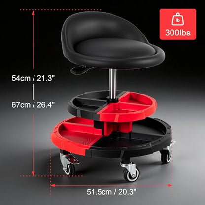 Frassie Rolling Mechanic Garage Seat Stool with Modular Removable Tool Tray, Pneumatic Height Adjustable Rolling Shop Chair for Auto Repair 300 LBS Capacity