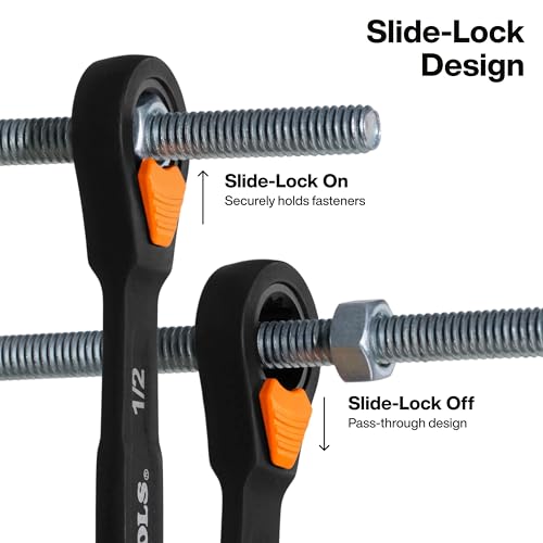 KLEIN TOOLS 69508 SAE Ratcheting Combination Wrench Set, 8-Piece, Slide-Lock 90-Tooth Ratchet, I-Beam Handle, Color-Coded Size Markings, Roll Pouch Storage - size: Slide Lock, SAE