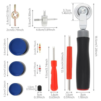 70pcs Tire Repair Kit with Natural Rubber Patches (32mm/42mm/58mm), Tire Patch Roller, Valve Core Removal Tools, 30 Valve Cores, 20 Valve Caps – Portable Tubeless Puncture Repair Tool Set