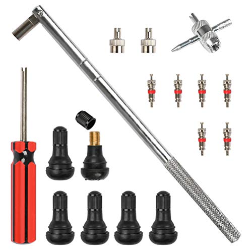 FOCCTS 17PCS Tire Valve Stem Tool Puller and Installer Kit, 6 Pcs TR412 Tubeless Tire Valve Stems with Valve Stem Cores, Single Head Tire Valve Core Remover Tire Repair Install Tool