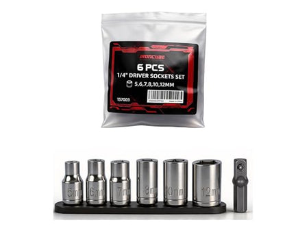 IRONCUBE 6 Pcs Scoket Set, 1/4" Drive, 5-6-7-8-10-12mm with 1 Pcs Adpter for Interchangeable Ratchet Screwdriver Set - style: 6-Piece Sockets
