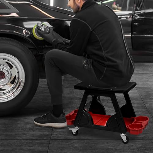 Magshion Garage Creeper Seat with Tool Holder, 300 lbs Capacity Rolling Mechanic Stool, Lightweight Plastic Workshop Chair on Wheels for Auto Repair, Car Detailing & Shop Use (Red)
