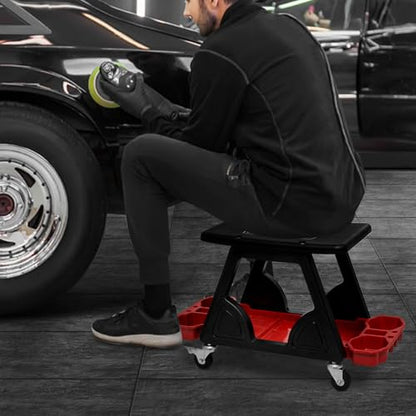 Magshion Garage Creeper Seat with Tool Holder, 300 lbs Capacity Rolling Mechanic Stool, Lightweight Plastic Workshop Chair on Wheels for Auto Repair, Car Detailing & Shop Use (Red)