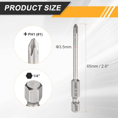 HARFINGTON 4pcs #1 Phillips Screwdriver Bit PH1 1/4" Hex Shank 2.6" (65mm) Long 0.14" Rod Magnetic Cross Head Drill Bits S2 Steel Industrial Screw Driver for Electric Power Tools, Gray - size: PH1 x 2.6" x 0.14"