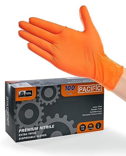 PACIFIC PPE 8 Mil Heavy-Duty Strength Nitrile Gloves, Chemical Resistant, Diamond Texture Industrial Disposable Gloves, Orange, 100PCs, X-Large - size: X-Large(Pack of 100)