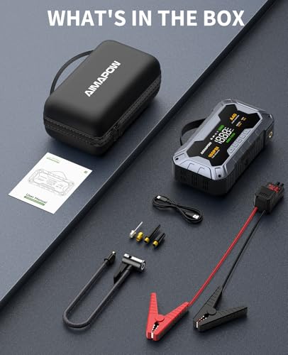 8000A 160PSI Jump Starter with Air Compressor, 12V Car Battery Jump Starter Power Bank(All Gas/12L Diesel), Car Starter with LED Flashlight, Force Start, Jump Pack with Jump Leads - size: A40