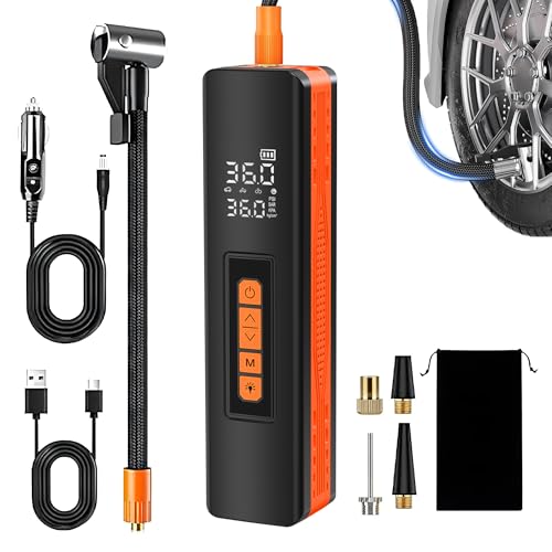 Tire Inflator Portable Air Compressor, 5X Faster 150 PSI Portable Tire Inflator for Car, Built-in Magnetic Storage, Auto Shut-Off Cordless Air Pump, LED Light for Cars, Motor, Bikes - color: Orange
