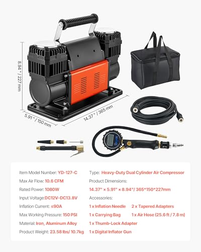 VEVOR Dual-Cylinder Heavy Duty Air Compressor, 10.6CFM Portable Tire Inflator, 12V 150PSI Offroad Air Pump with Digital Pressure Gauge & Adapters for Truck Car SUV 4 x 4 Vehicle RV - style: 10.6 CFM Dual-Cylinder