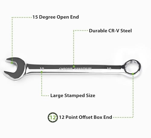 Metric Combination Wrench Set, 15-Piece 8, 9, 10, 11, 12, 13, 14, 15, 16, 17, 18, 19, 20, 21, 22mm, Chrome Vanadium Steel with 12-Point Box End, 15-Degree Offset, Mirror Polished, with Rolling Pouch - size: Metric-15 piece set
