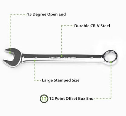 Metric Combination Wrench Set, 15-Piece 8, 9, 10, 11, 12, 13, 14, 15, 16, 17, 18, 19, 20, 21, 22mm, Chrome Vanadium Steel with 12-Point Box End, 15-Degree Offset, Mirror Polished, with Rolling Pouch - size: Metric-15 piece set
