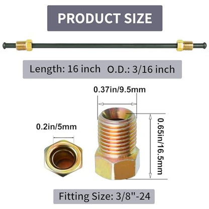 MuHize 16 Inch 3/16" Hard Brake Line Tubing Kit with Fittings | Metal brake tube with pre-inverted flared ends & 2 unions, flexible brake line repair kit - color: Black, size: 16 Inch