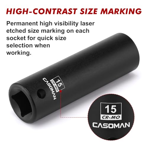 CASOMAN 1/2" Drive x 15mm Deep Impact Socket, 6-Point, Metric, CR-MO - size: 15 mm (Deep), style: 6-Point Socket