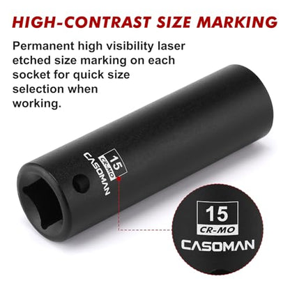 CASOMAN 1/2" Drive x 15mm Deep Impact Socket, 6-Point, Metric, CR-MO - size: 15 mm (Deep), style: 6-Point Socket
