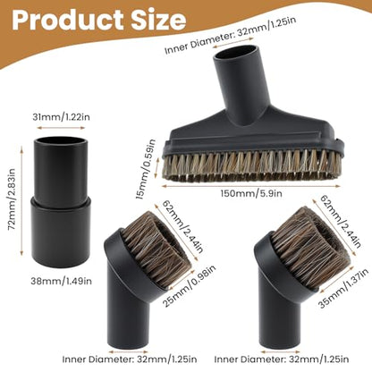4Pcs Vacuum Attachments | 5.9 Inch Floor Brush 1-1/4 to 1-3/8 Inch Adapter, 25mm & 36mm Shop Round Dust Brushes for Standard Hose