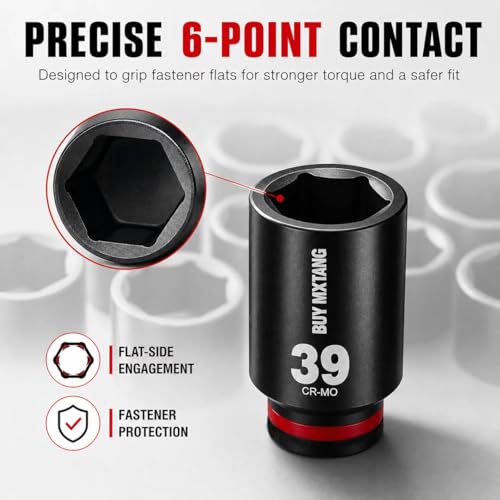 8PCS 1/2"Impact Socket Set Metric,29mm,30mm,32mm,34mm,35mm,36mm,38mm,39mm, Axle Nut Impact Socket Set L90, 6-Point CR-MO - size: 6 Point 8PCS 1/2" Socket Set Metric