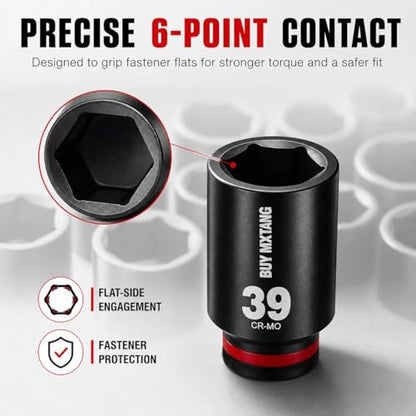 8PCS 1/2"Impact Socket Set Metric,29mm,30mm,32mm,34mm,35mm,36mm,38mm,39mm, Axle Nut Impact Socket Set L90, 6-Point CR-MO - size: 6 Point 8PCS 1/2" Socket Set Metric