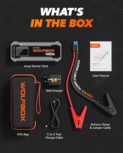 WOLFBOX 4000A Jump Starter,12V Car Battery Jumper Starter Portable with 65W Quick Charger,LED Display,88.8Wh Booster Jump Box Pack (10L Gas 10L Diesel Engine) with LED Light,Jumper Cables, MV24 - size: 4000A