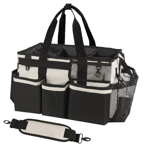 SCAVATA Wearable Cleaning Caddy, Cleaning Caddy Supplies Organizer with Handle & Shoulder Straps for Housekeepers, Under Sink & Car Cleaning Tool Organizers Bag with 4 Foldable Divider (Beige) - color: Beige