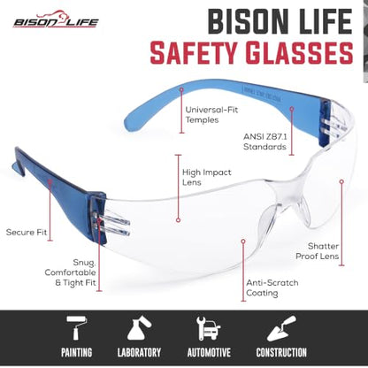 BISON LIFE Clear Safety Glasses – ANSI Z87.1 Certified Scratch & Impact Resistant Eye Protection Goggles for Men & Women - color: Clear/Blue