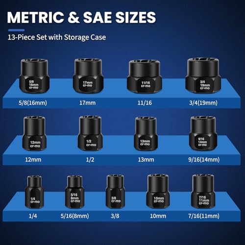 13-Piece Bolt Extractor Kit, Stripped/Lug Nut Removal, 3/8" Drive Screw Extractor Socket Set, SAE & Metric for Damaged, Rusted, Frozen Nuts and Bolts - color: 13pcs