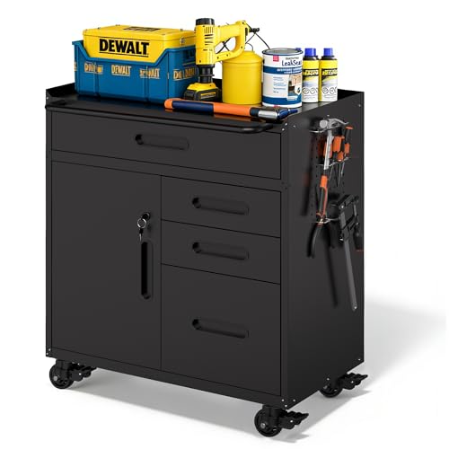 Metal Storage Cabinet for Garage, Tool Cabinet, Utility Cabinet | Wheeled, Rolling Tool Cabinet, 4 Drawers, 1 Doors Lockable, Top Countertop, Pegboard, Assembly Required, Black - color: Black