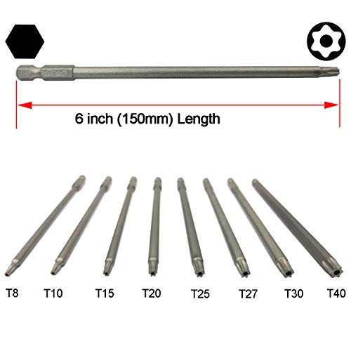 YDLQWCZ Long Torx Security Screwdriver Bit Sets 6 Inch Length T8 T10 T15 T20 T25 T27 T30 T40 S2 Steel Torx Security Head Drill Screw Driver Drill Set (8Pcs 150mm)