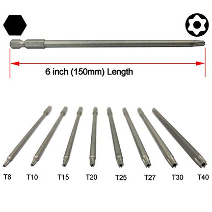 YDLQWCZ Long Torx Security Screwdriver Bit Sets 6 Inch Length T8 T10 T15 T20 T25 T27 T30 T40 S2 Steel Torx Security Head Drill Screw Driver Drill Set (8Pcs 150mm)