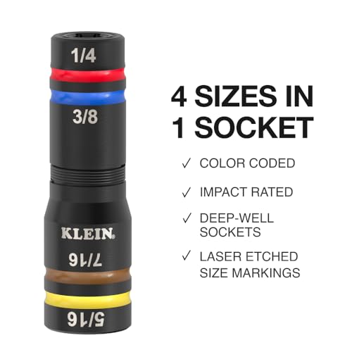Klein Tools 652QS Quad Socket, 8 Sizes in 2 Sockets, 4-in-1 Color Coded SAE Impact Rated, Deep-Well Heavy-Duty, 1/4-Inch Drive, 6-1/2-Inch Shaft - size: 8 Sizes, SAE